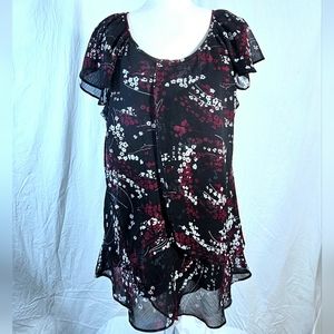 DB, Black with Red and White blossoms, Women's 2X blouse